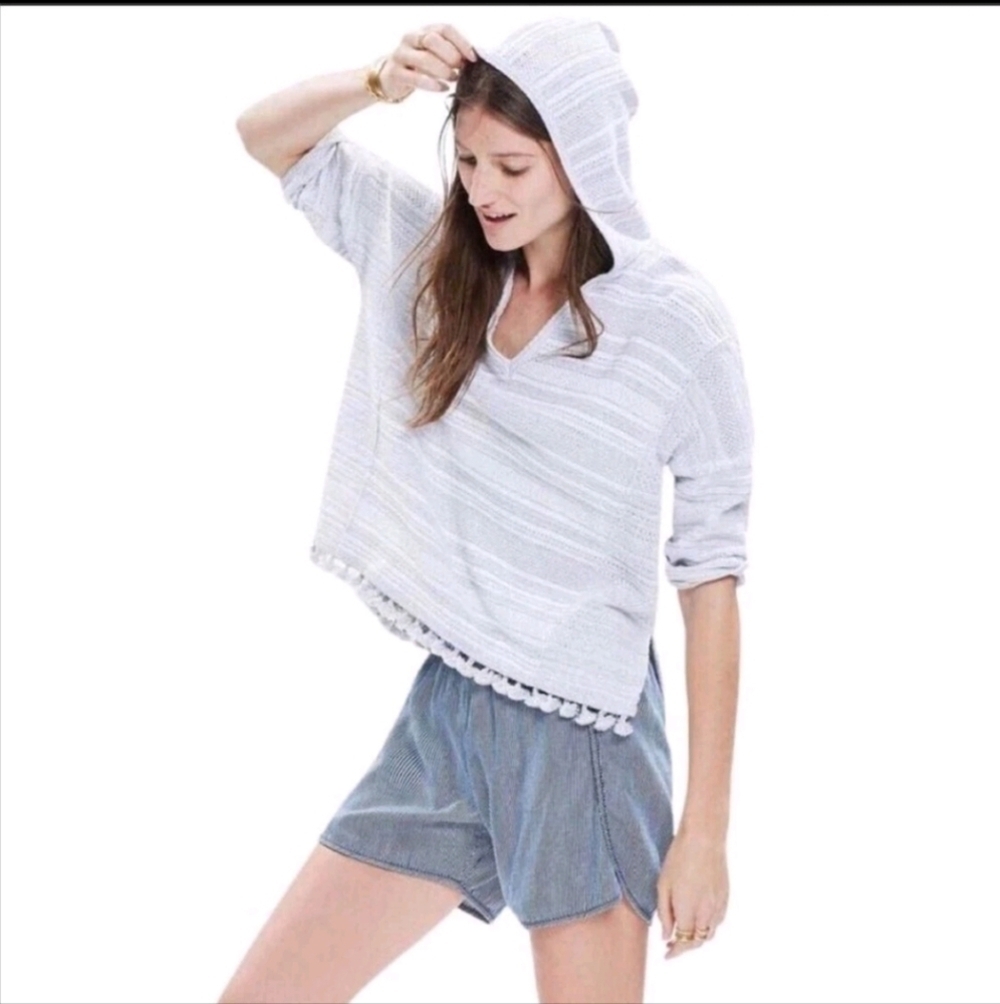Madewell Women's Cropped gray fringe hooded knit sweater Pullover Sz XS/Small